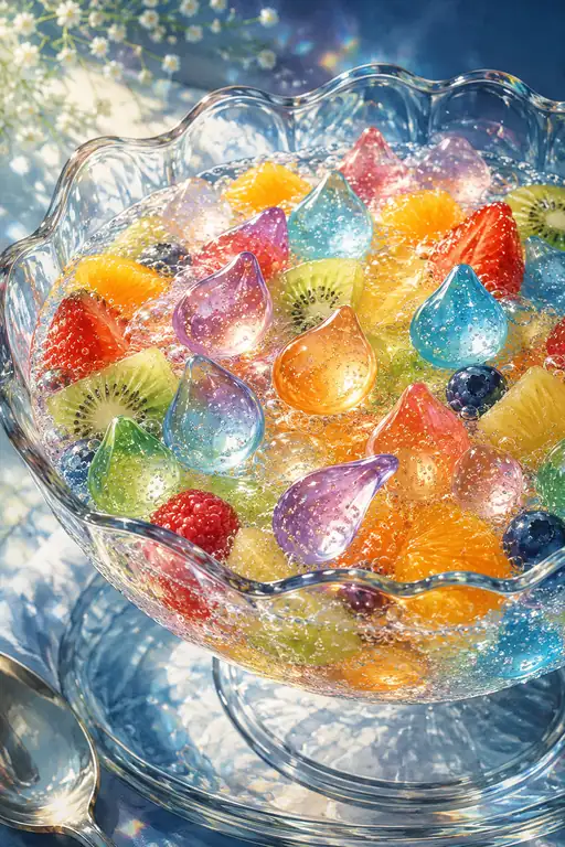 Rainbow Raindrops Gather Around the Fruits of Light
