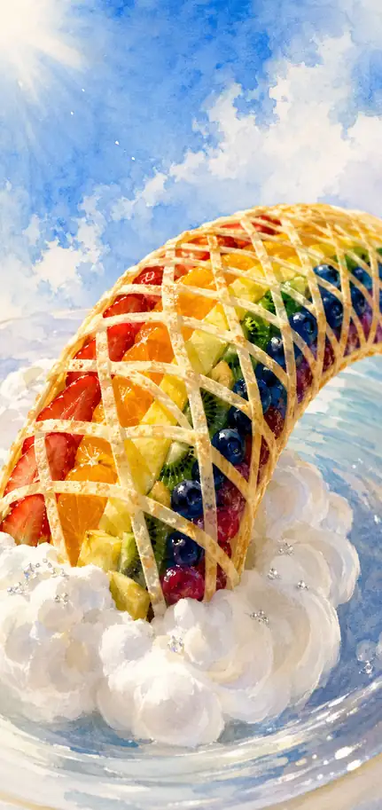 Fruits Weave a Rainbow Bridge Across the Clouds