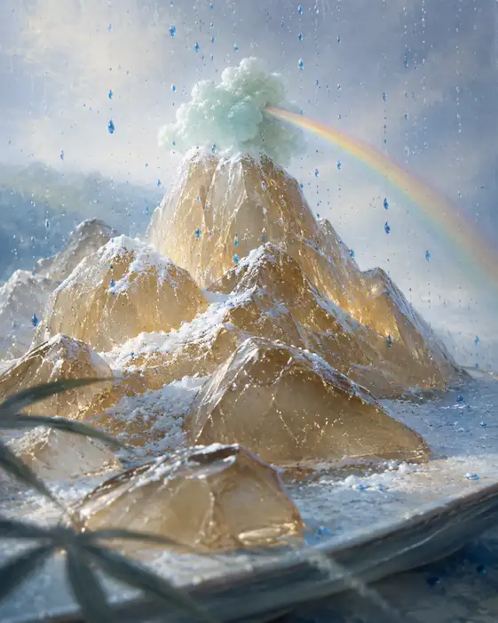 Summer Snow and Blue Rain Meet beneath a Rainbow