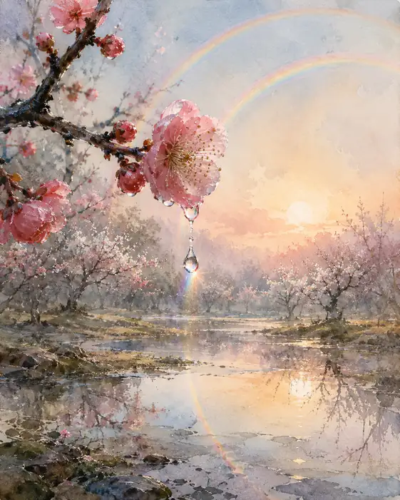 A Dewdrop Carries Spring Across the Orchard