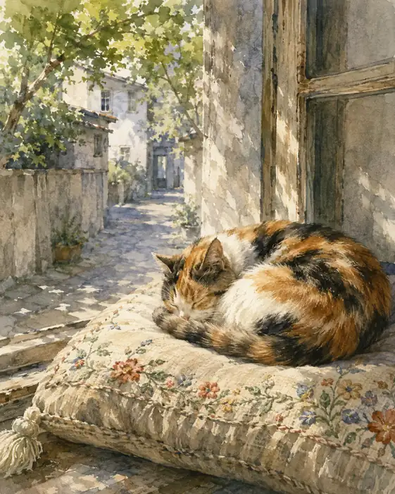 The Alley Dreams on a Flowered Pillow