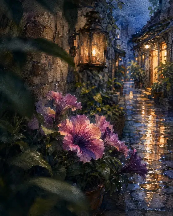 Petunias Listening to the Rainlit Lane