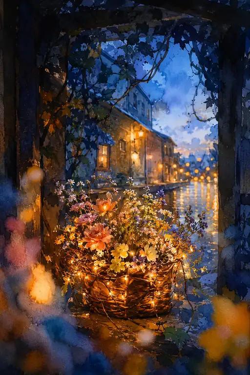 The Doorway Where Flowers Light the Blue Hour