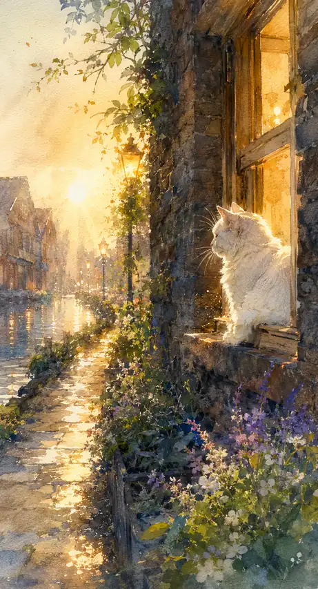 Sunset Finds the Cat at the Canal Window
