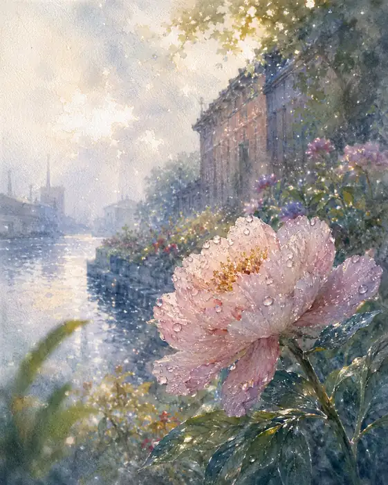 A Peony Wearing the Rain's First Light