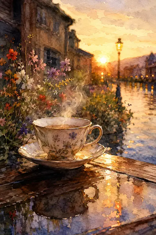 Tea Steaming at the Edge of Sunset