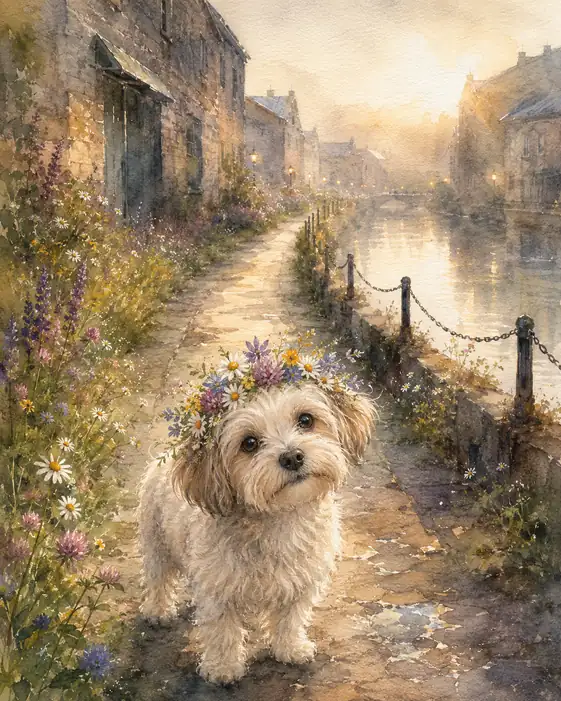 The Little Dog Crowned by Canal Flowers
