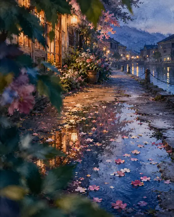 After Rain, the Petals Carry Lamplight