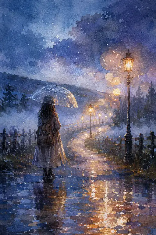 The Road of Lamps Beyond Her Umbrella