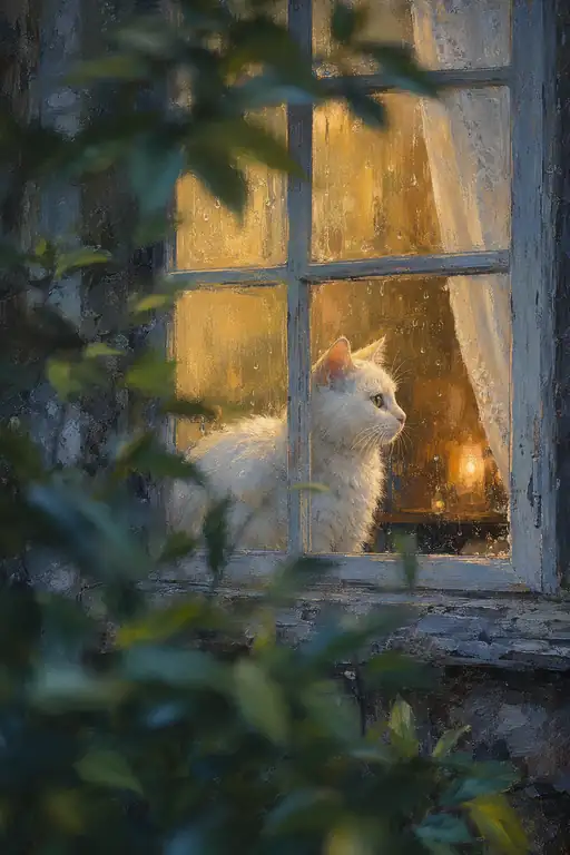 The White Cat Listening to the Rainlit Window