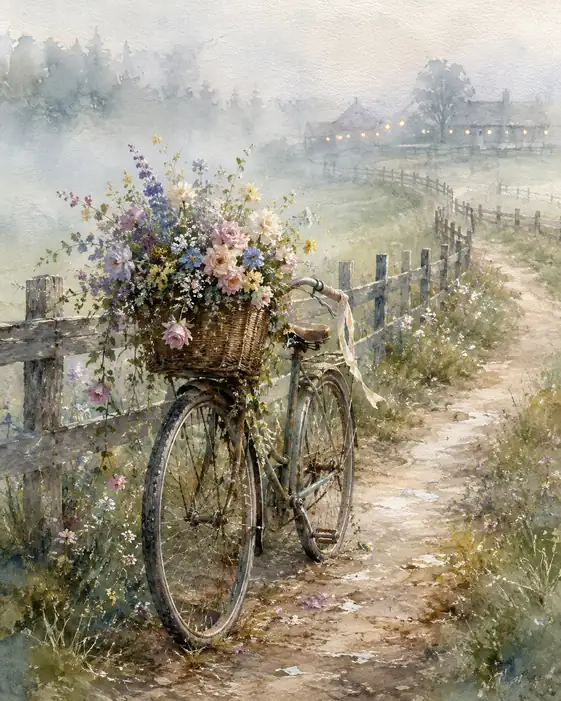A Bicycle Bringing Roses Home Through Mist