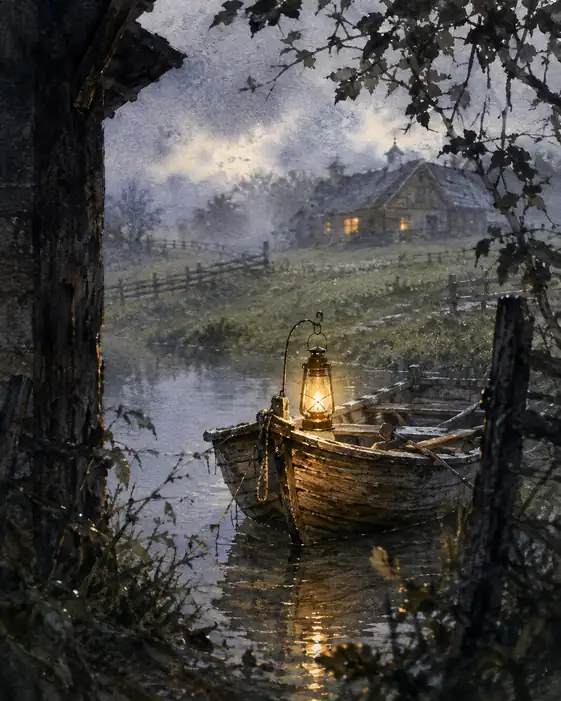 A Lantern Waits in the Boat Beneath the Storm