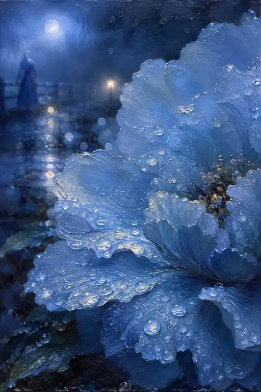 Blue Petals Gather the Moon's Tears