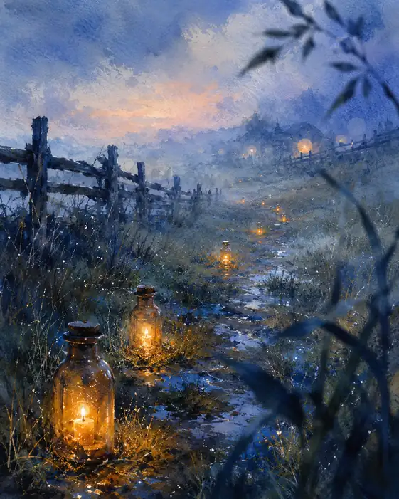 Bottled Flames Climb Toward the Distant House