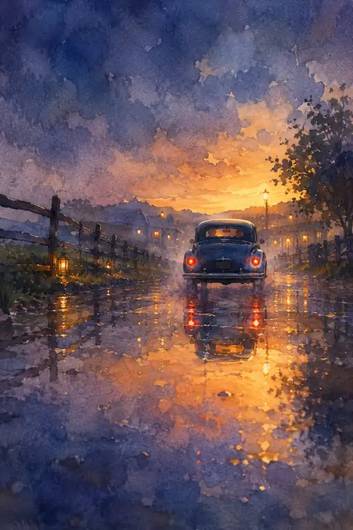 The Blue Car Drives into a Burning Sky