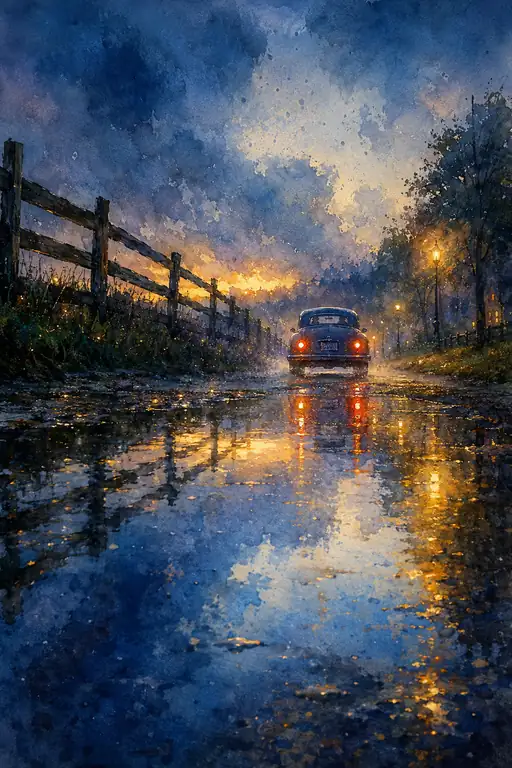 Rain Carries the Last Car Toward Sunset