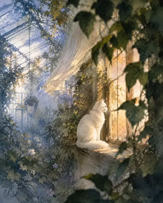 The White Cat Watches Morning Enter the Glasshouse