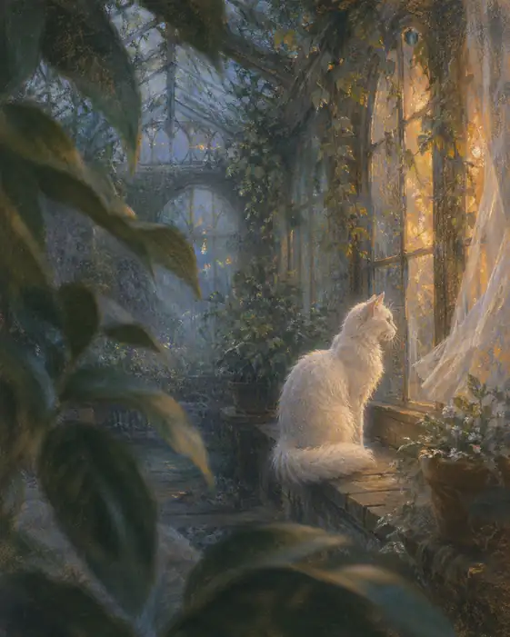 The Greenhouse Cat Waits for the Curtain of Light