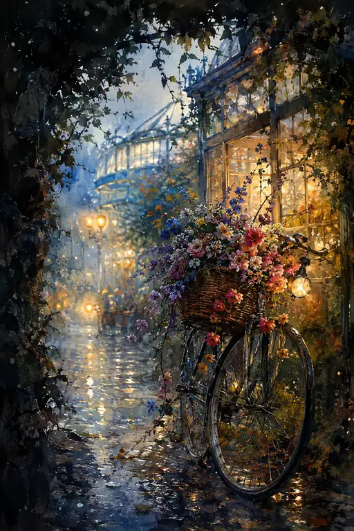 A Bicycle Overflows with the Greenhouse Evening