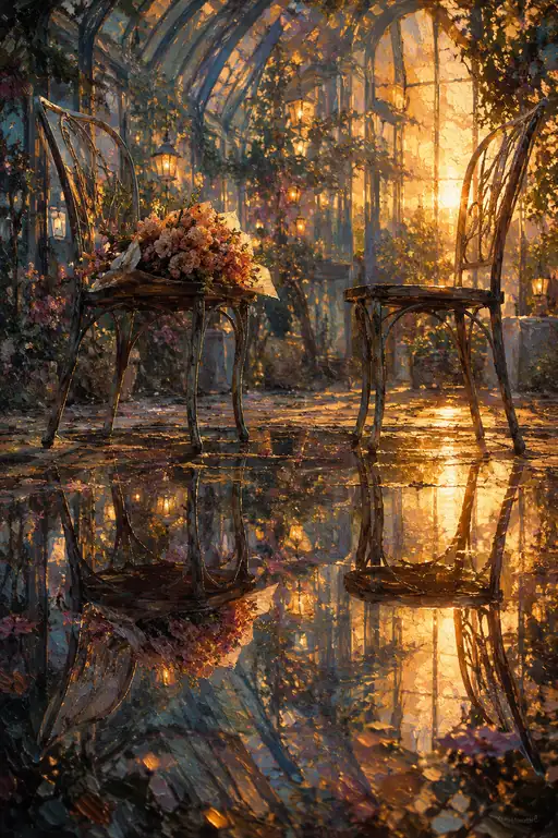 Two Chairs Hold the Sunset Between Them
