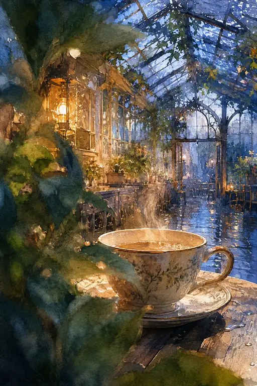 A Cup of Warmth Beside the Rainy Glasshouse