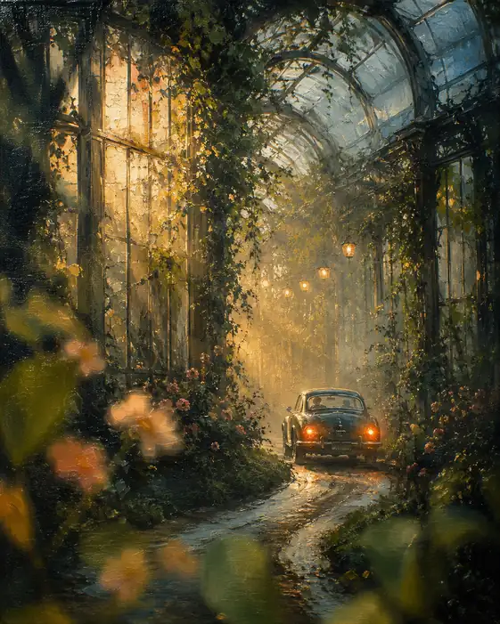 The Car Follows Sunset Through the Garden of Glass