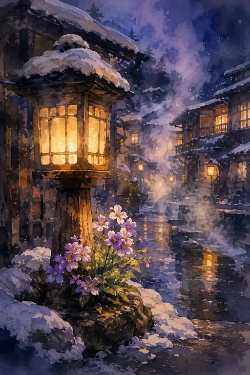 Purple Flowers Beneath the Snow-Crowned Lantern