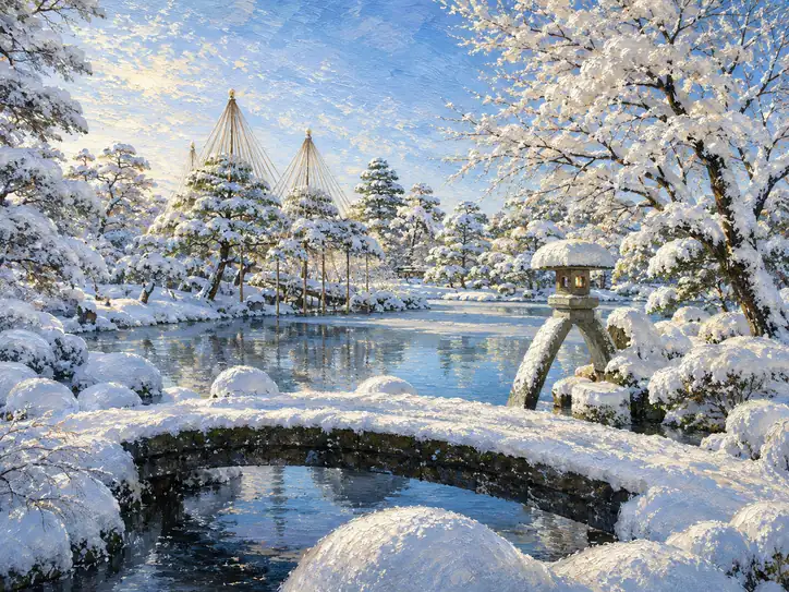 Morning Crosses the Snowbound Garden Bridge