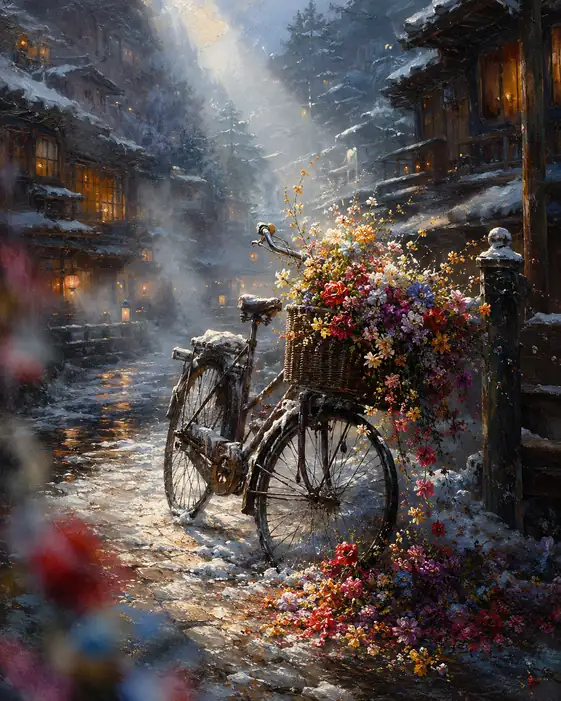 A Bicycle Brings Summer Flowers into Winter
