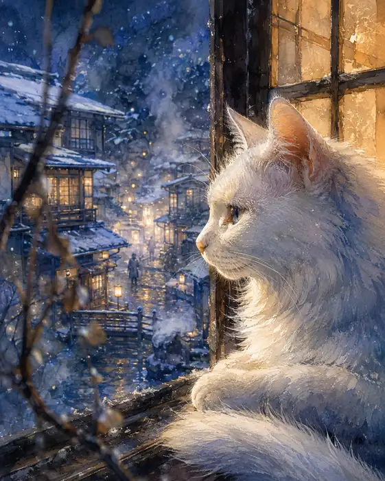 The White Cat Watches Snowfall Fill the Village