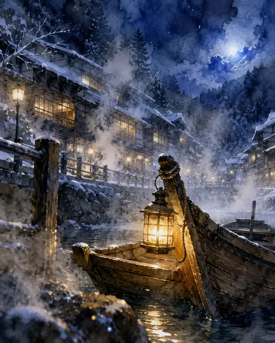 The Lantern Boat Drifts Beneath the Winter Moon