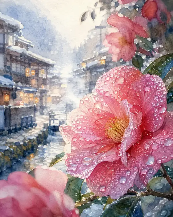 A Camellia Holds the Snow Village in Every Drop