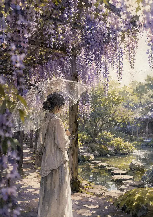 She Listens to Rain Among the Wisteria