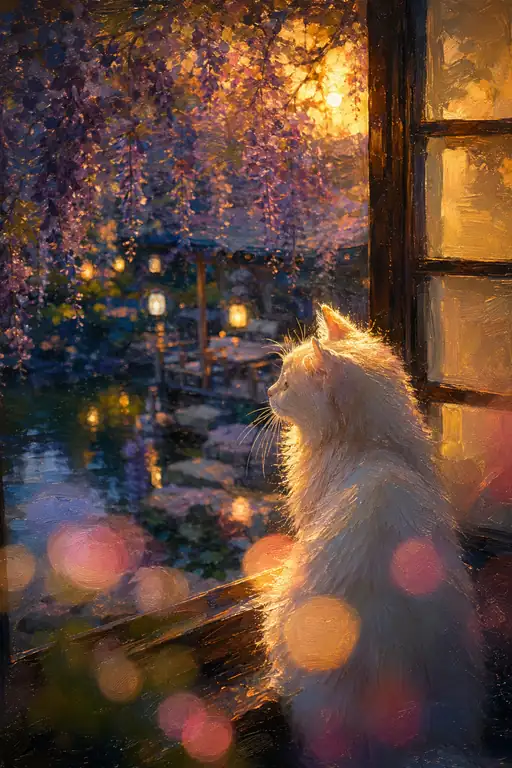 The White Cat Waits for Wisteria Twilight