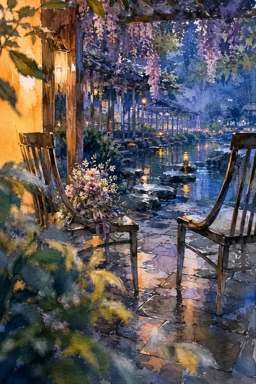 藤の夜を待つ二脚の椅子