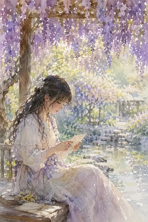 She Reads the Letter Beneath Falling Wisteria