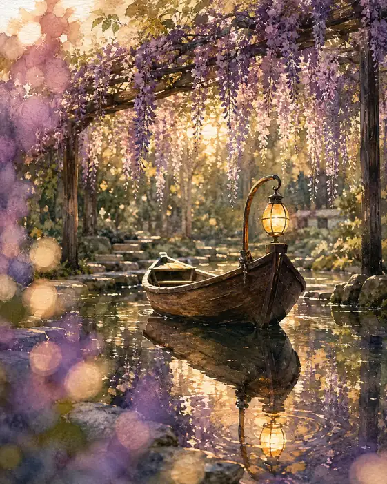The Lantern Boat Sleeps in Wisteria Gold