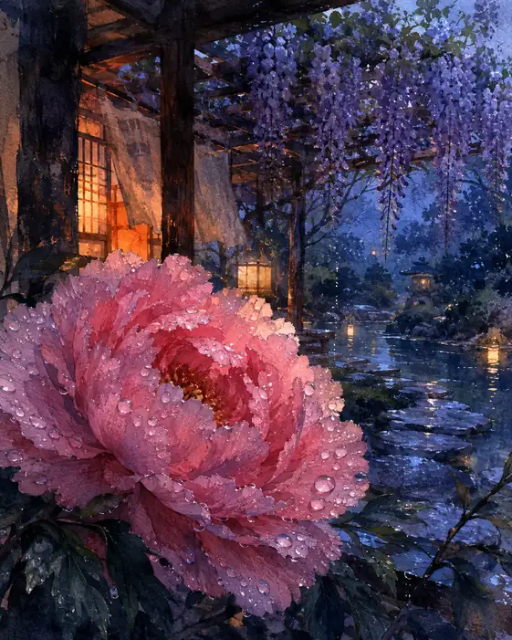 A Peony Gathers the Blue Garden's Rain