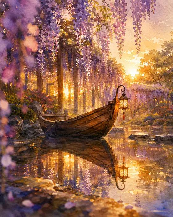 The Boat Waits Where Sunset Tangled with Wisteria