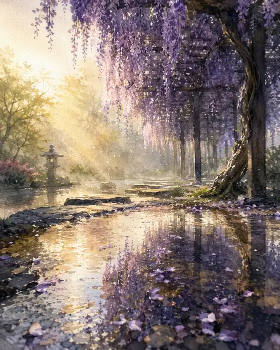 Wisteria Mirrored in Golden Morning Light