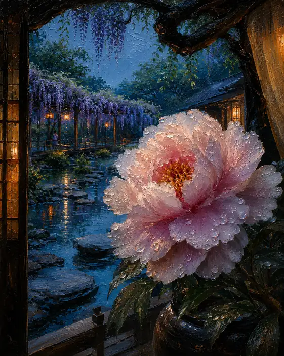A Dewlit Peony Opens the Garden Night