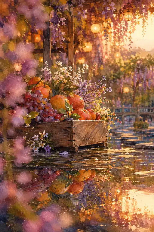 Summer's Harvest Glows beneath Autumn-Colored Wisteria