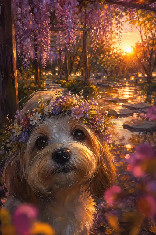 The Flower-Crowned Dog Greets the Setting Sun