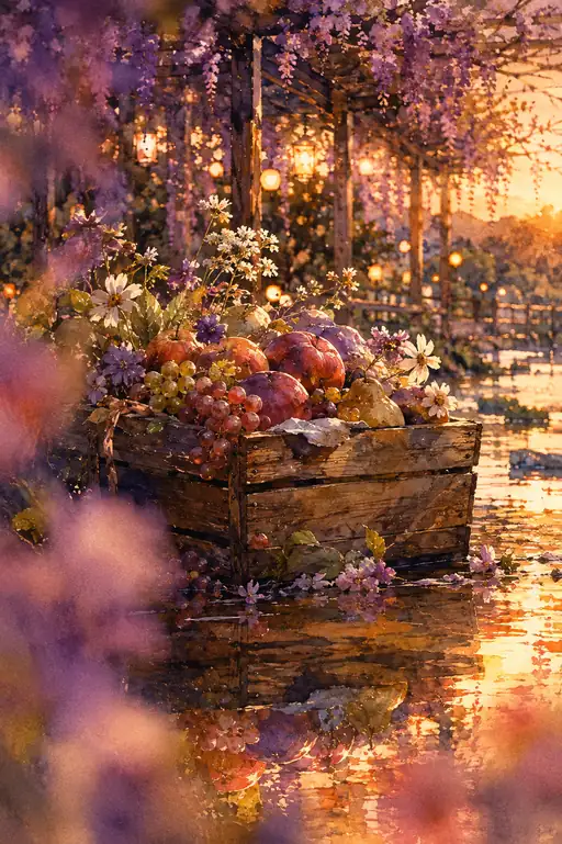 A Crate of Fruit Receives the Wisteria Sunset