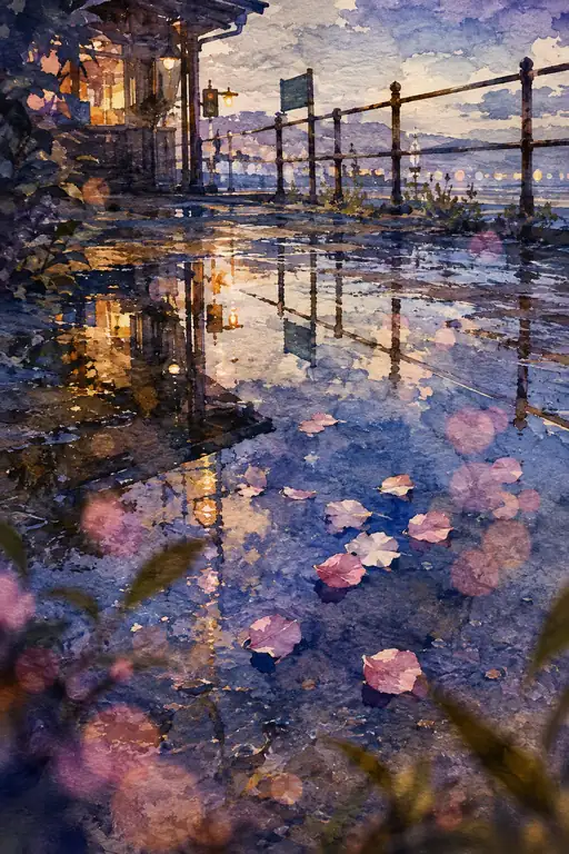Petals Drift across the Station's Evening Mirror