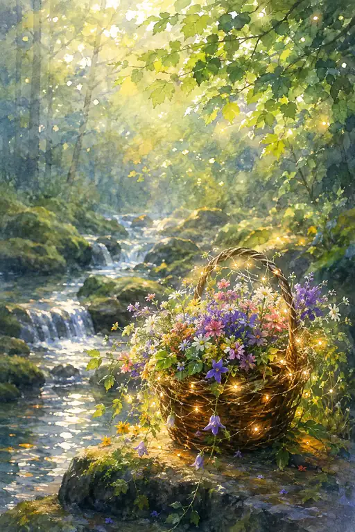 森の朝をあふれさせる花籠