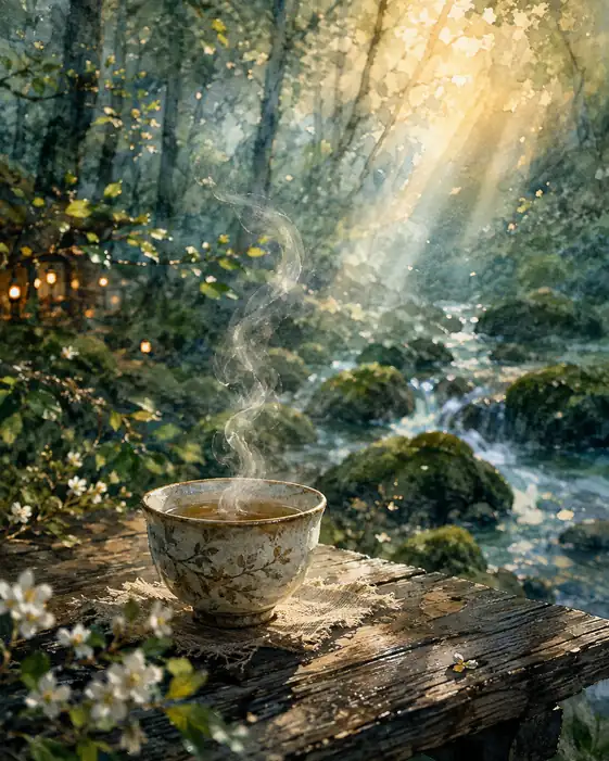 森の光芒へ立ちのぼる茶の湯気