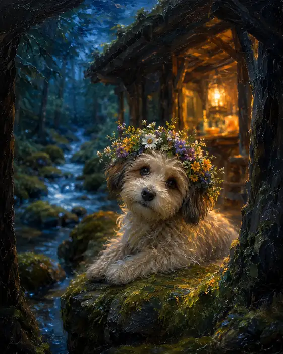 The Flower-Crowned Dog Guards the Forest Hearth