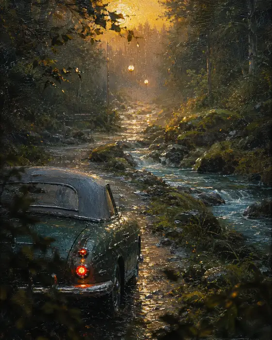 The Old Car Follows Lanterns into the Forest