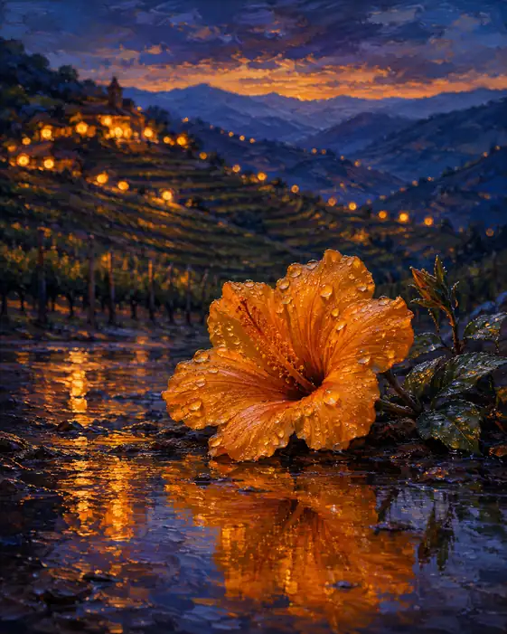 A Rain-Kissed Hibiscus Holds the Vineyard Sunset